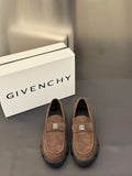 Brown suede loafers with logo plaque strap and thick dark rubber sole