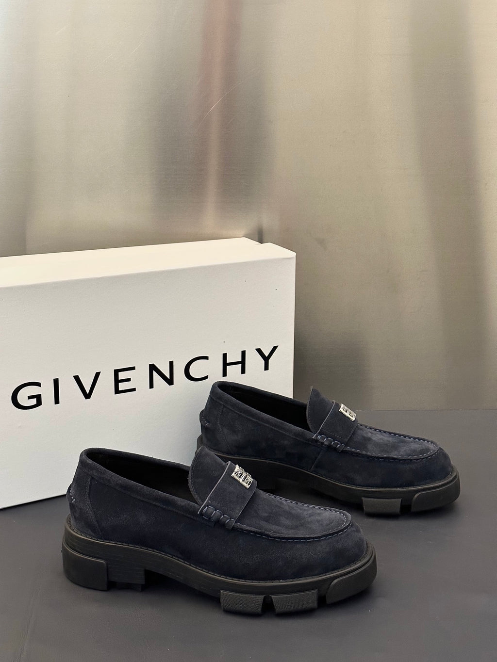Givenchy suede loafers, dark navy, buckle detail across vamp and chunky rubber sole