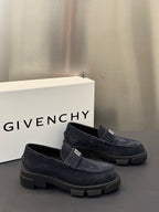 Givenchy suede loafers, dark navy, buckle detail across vamp and chunky rubber sole