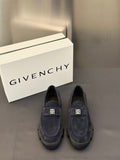 Givenchy suede loafers, dark navy, slip-on style with square metal logo