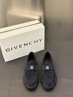 Givenchy suede loafers, dark navy, slip-on style with square metal logo