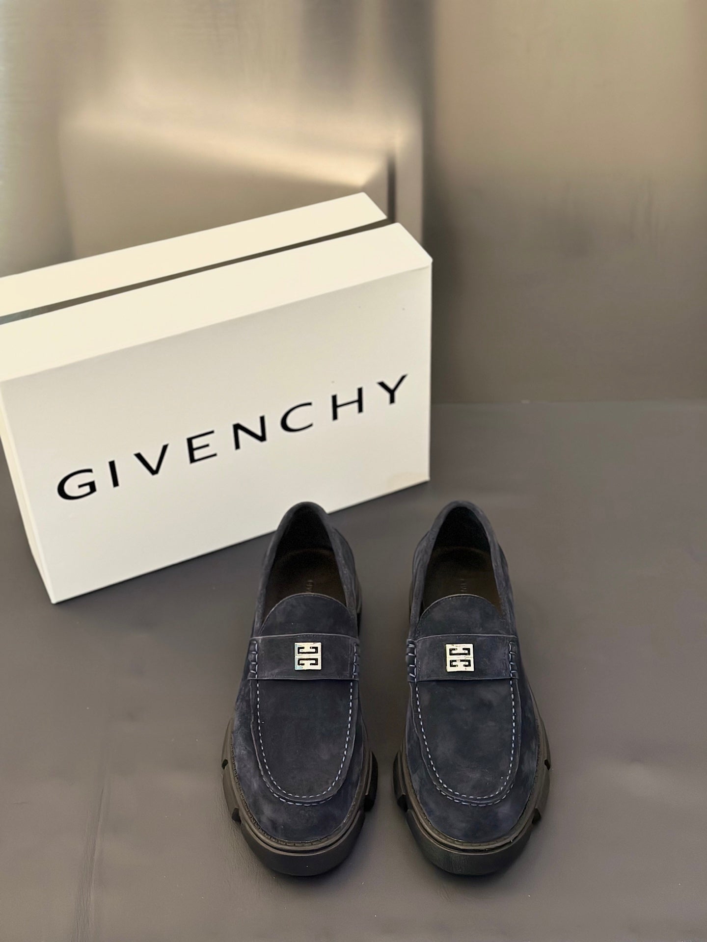Givenchy suede loafers, dark navy, slip-on style with square metal logo