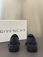 Givenchy suede loafers, dark navy, back view with heel tread and logo detail