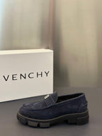 Givenchy suede loafers, dark navy, low heel slip-on with metal logo buckle