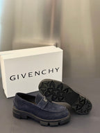 Givenchy suede loafers, dark navy, outsole view shows rugged tread pattern