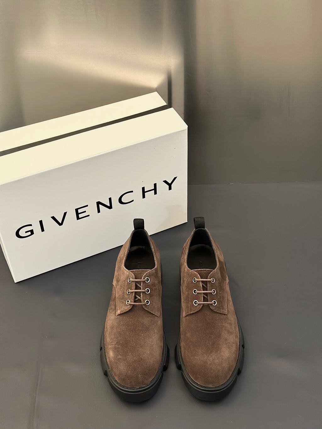 Givenchy brown suede lace-up shoes with chunky dark rubber sole and round toe