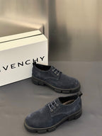 Dark navy suede lace-up shoes, square toe, thick rubber sole