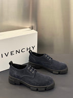 Navy suede lace-up derby shoes with lace-up closure and chunky sole