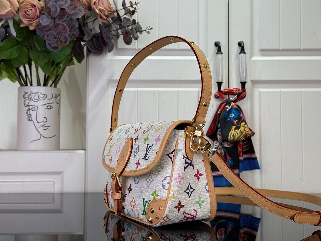 Louis Vuitton crossbody bag, multicolor monogram canvas, tan leather strap and buckle