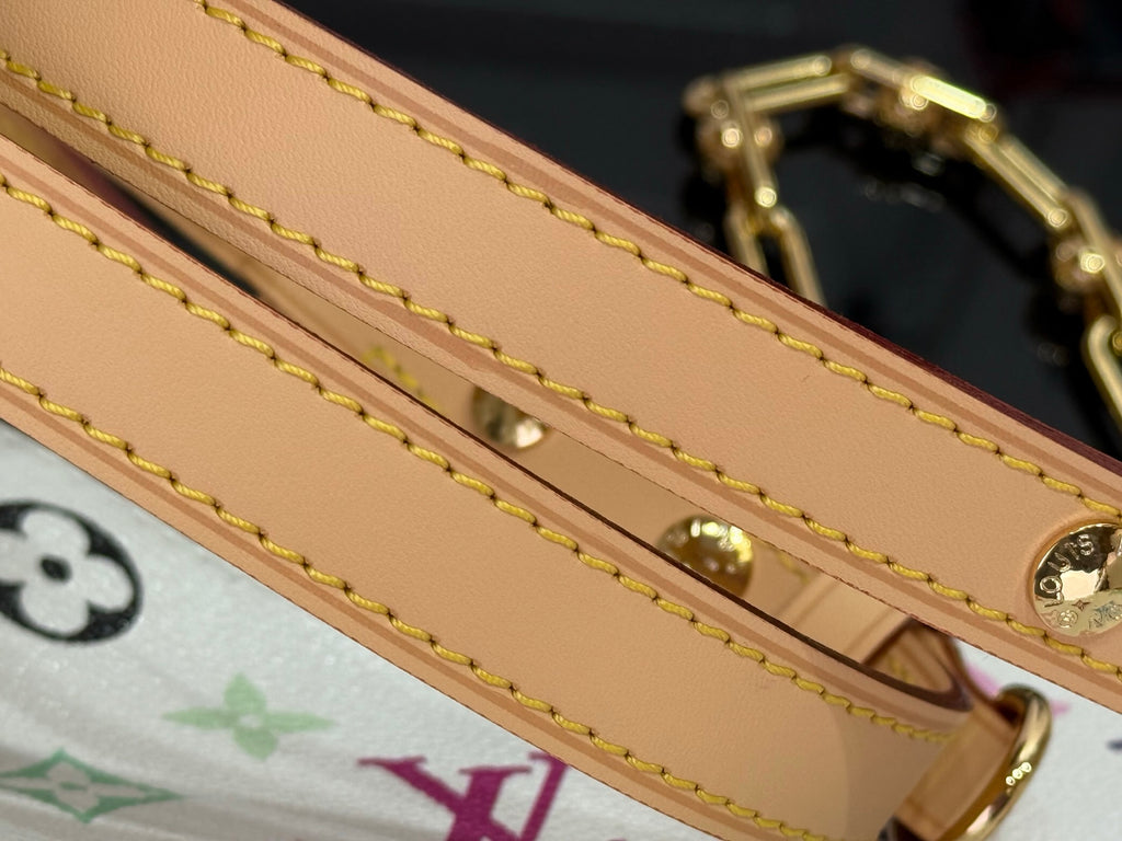 Louis Vuitton monogram bag strap with tan leather trim and gold-tone studs