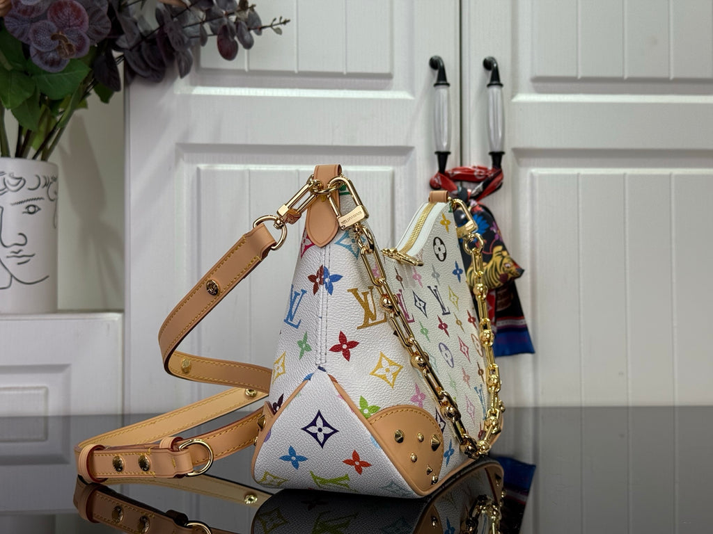 Louis Vuitton multicolor monogram shoulder bag with tan leather strap and gold hardware