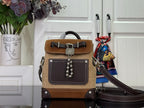 Brown mini leather backpack with top handle, flap front, and dark shoulder strap
