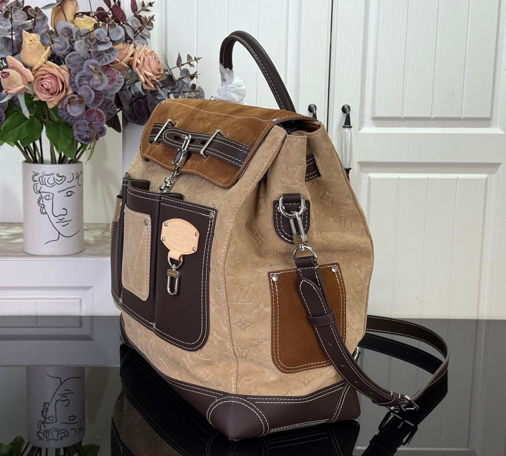 Louis Vuitton canvas handbag with top handle, flap pockets, tan and dark trim.
