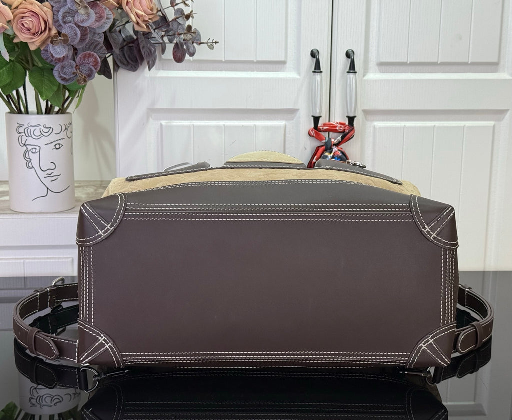 Louis Vuitton handbag back view with dark top panel and corner stitching, brown.