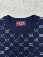 Navy crewneck sweater with GG monogram knit pattern at the chest