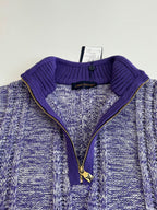 Quarter-zip knit sweater neckline with ribbed purple collar and visible zipper pull charm