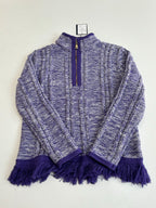 Knit quarter-zip sweater with deep purple zipper trim and heathered blue textured body