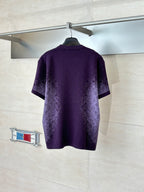 Purple patterned T-shirt, back view, on hanger