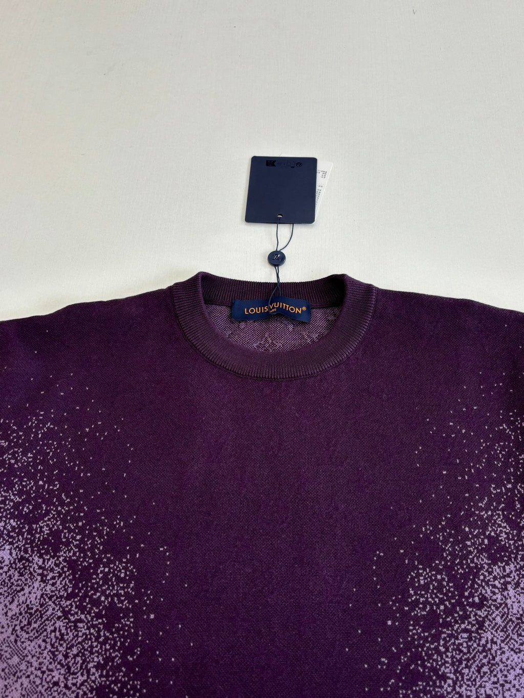 Purple T-shirt crew neck with Louis Vuitton logo at collar, tag attached