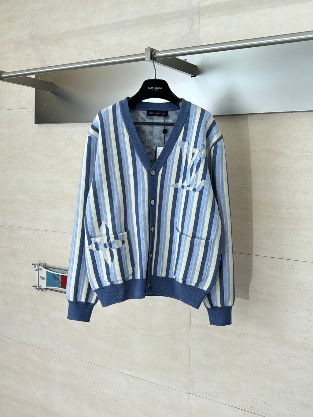 Louis Vuitton striped cardigan sweater, blue and cream knit with V-neck and buttons
