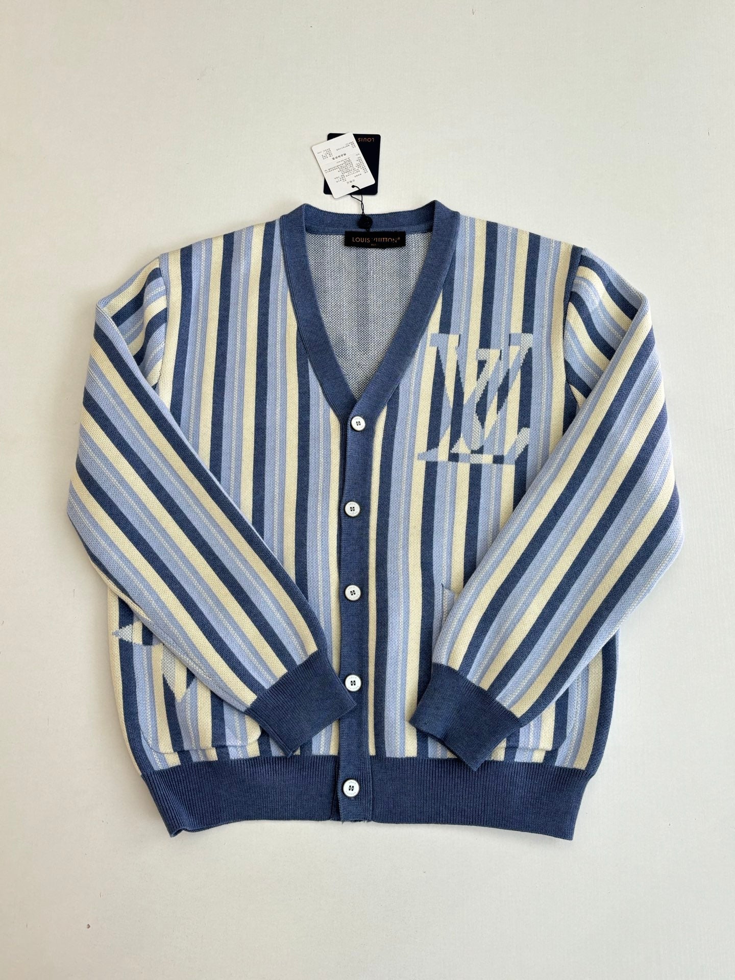Louis Vuitton striped cardigan sweater, blue and cream knit with button placket and pocket