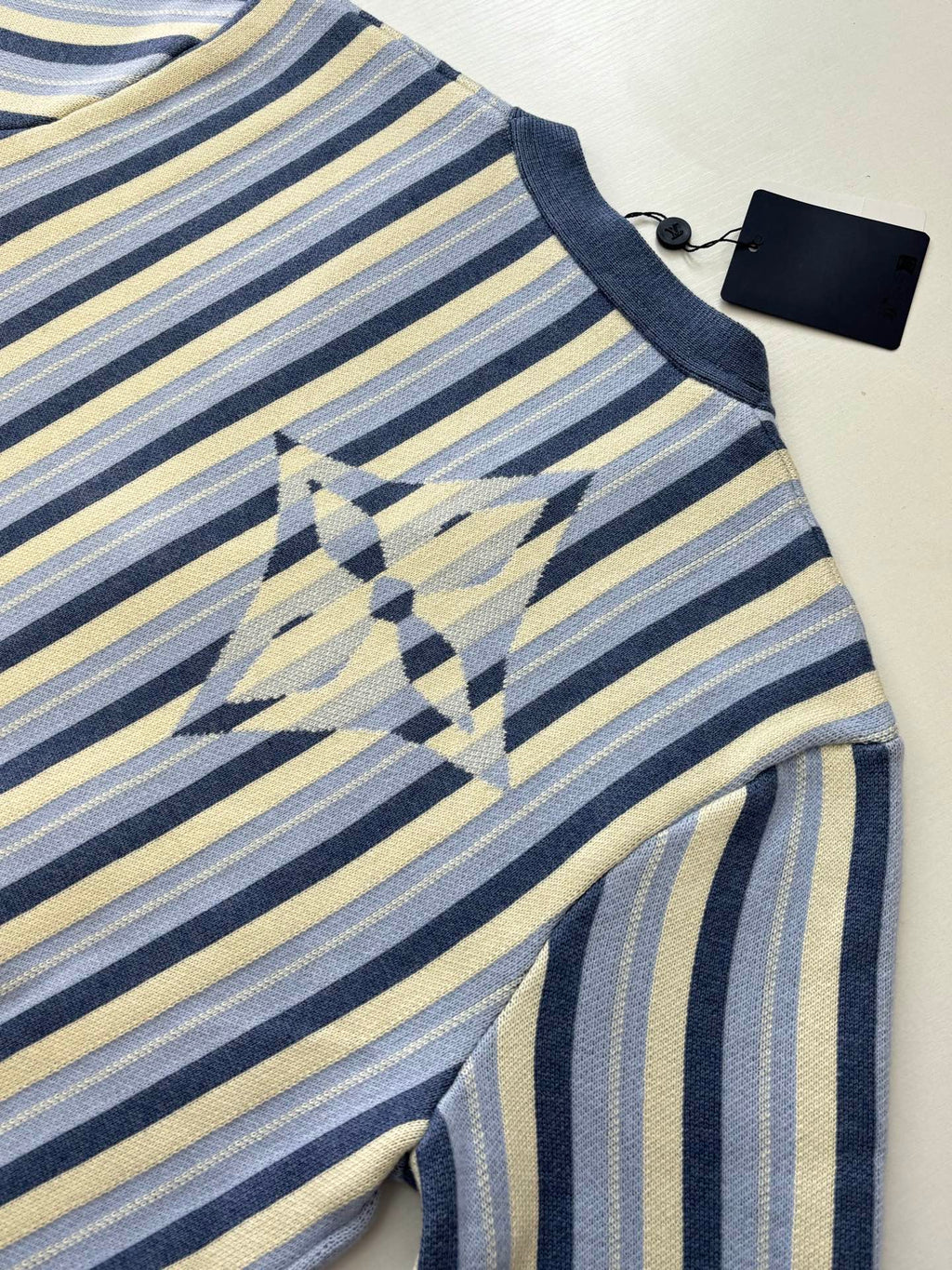 Louis Vuitton striped cardigan collar and chest diamond motif in blue and cream