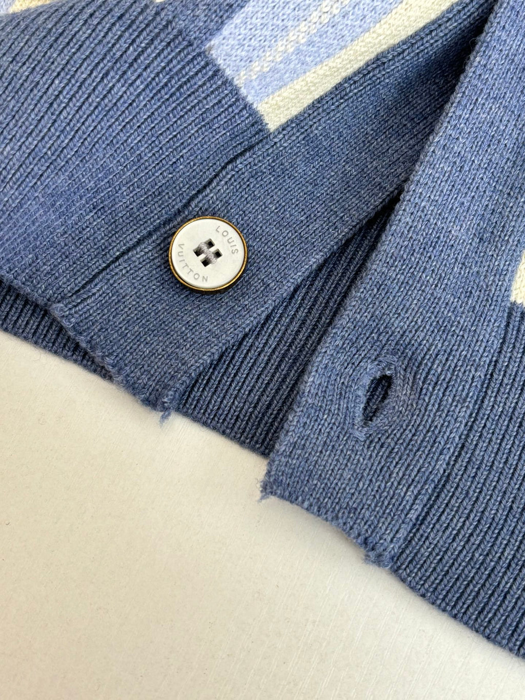 Louis Vuitton ribbed cardigan cuff with round logo button detail