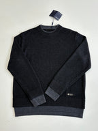 Dark knit crew-neck long-sleeve sweater with ribbed hem and cuffs