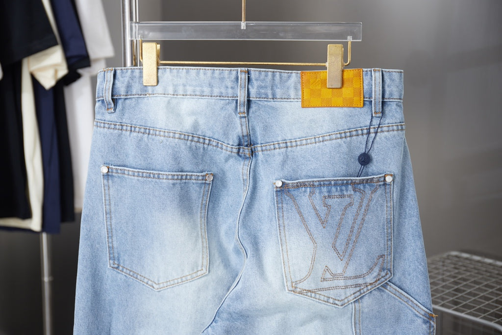 Light blue denim pants back view with two patch pockets