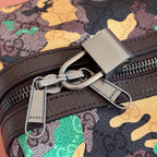 Gucci bag zipper pull with rings and branded key fob on camo fabric