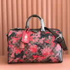 Gucci duffel bag with red and black camo GG print, top handles, leather trim