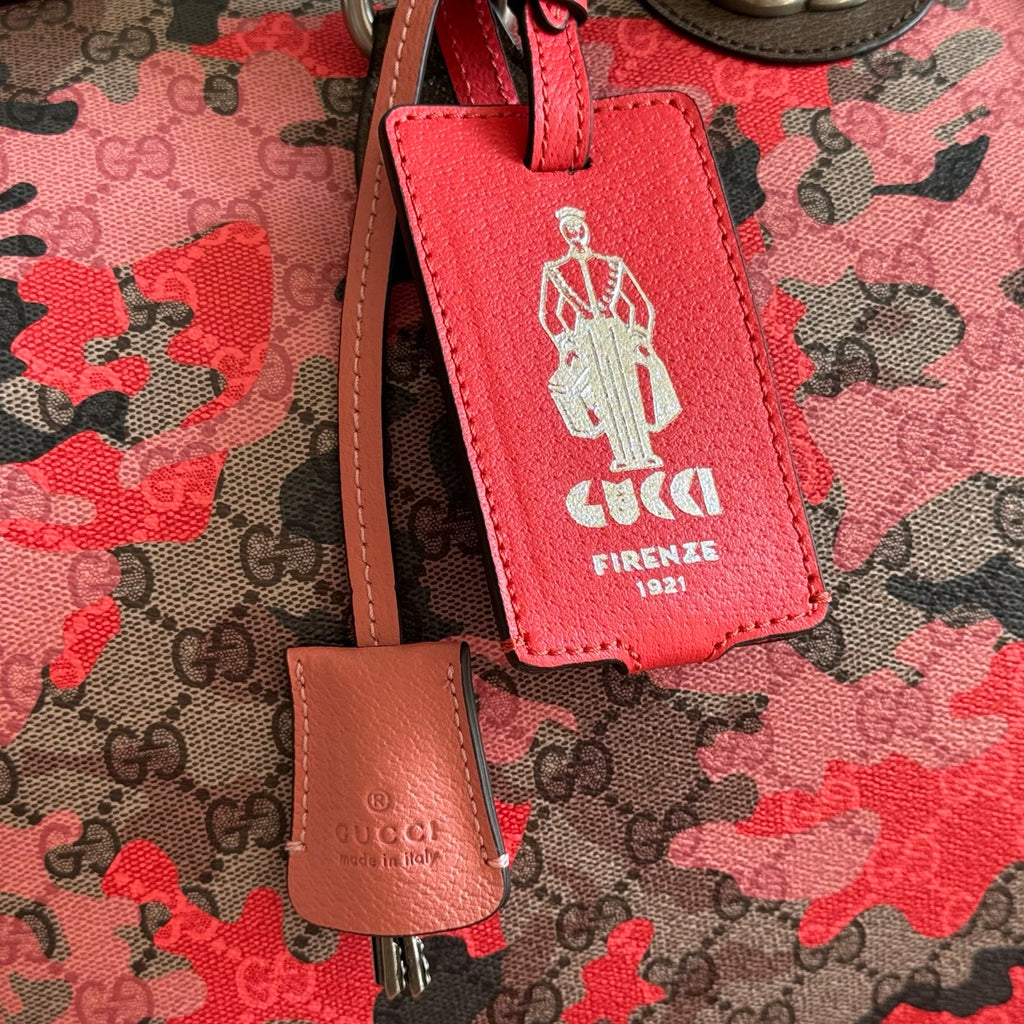 Gucci duffel bag red leather luggage tag with Firenze 1921 stamp