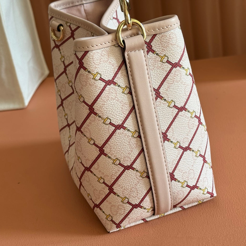 Gucci mini handbag side profile with beige-red lattice print and top carry handle