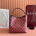 Gucci bag in burgundy with white and yellow lattice print, top handle