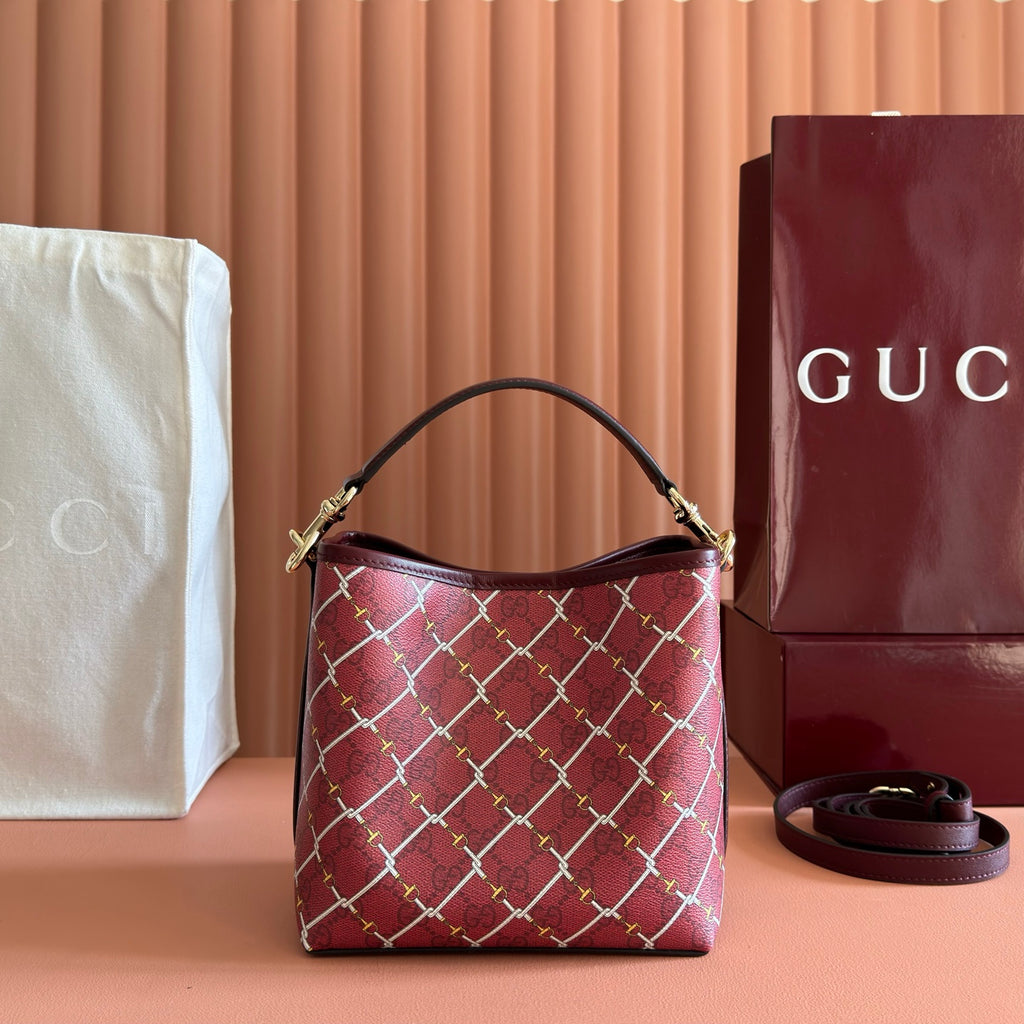 Gucci small tote bag burgundy with white lattice pattern and curved top handles