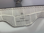 Louis Vuitton Paris made in France stamp on iridescent white leather near clasp