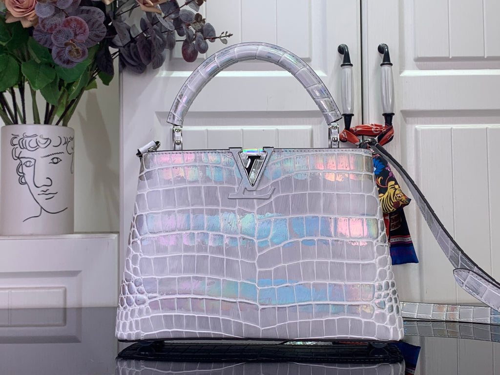 Louis Vuitton top-handle handbag in iridescent white croc-embossed leather with silver hardware