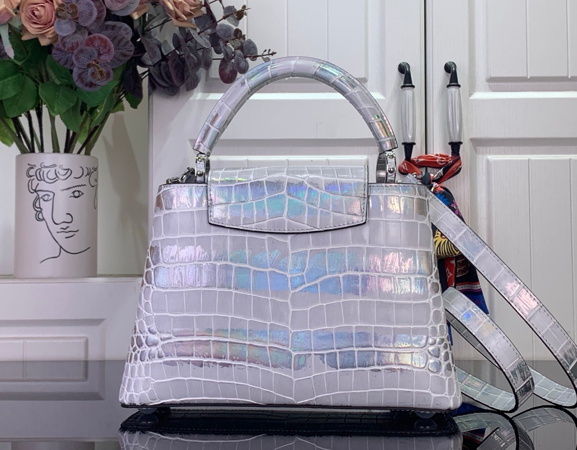 Louis Vuitton top-handle handbag, iridescent white croc-embossed finish with structured flap