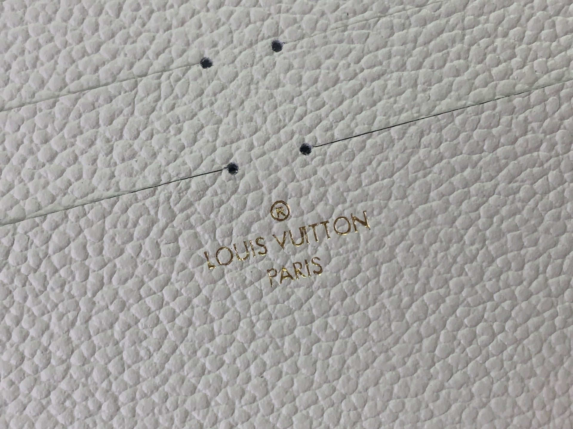 Louis Vuitton embossed logo text on textured light leather, Paris and VUITTON wording