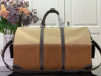 Louis Vuitton bag with monogram canvas, brown front panel, dark top handles and crossbody strap.