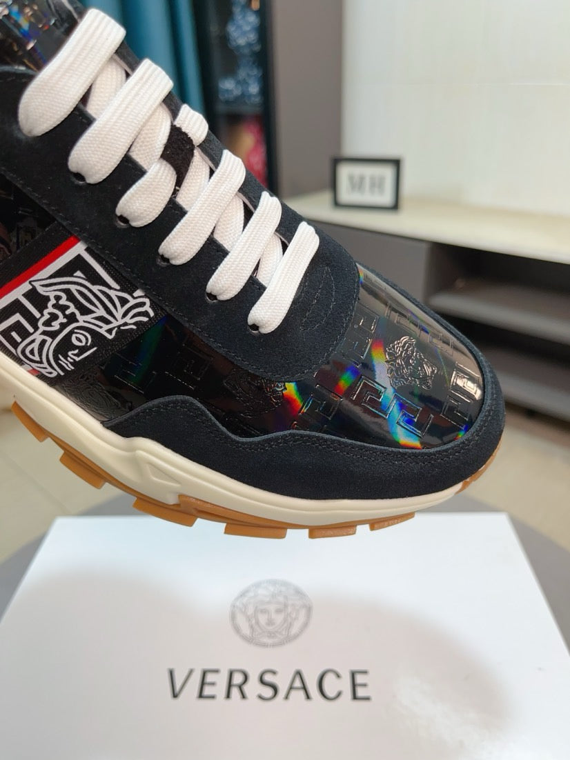 Versace lace-up sneaker toe and side, black with iridescent hologram trim