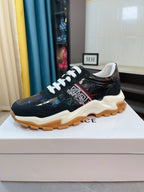 Versace lace-up sneakers, black with multicolor logo, white laces, chunky sole