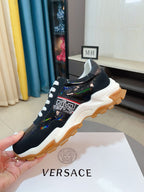 Versace lace-up sneaker, black upper with multicolor sheen, white laces, thick sole