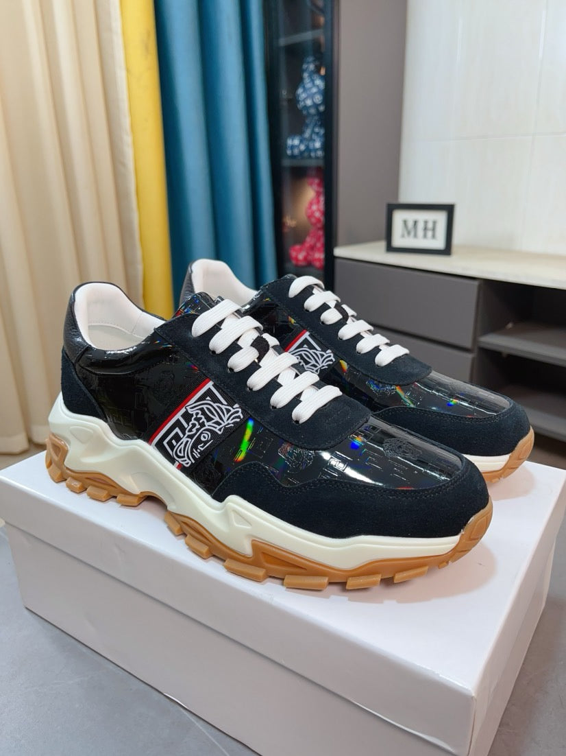 Versace lace-up sneakers, black with holographic accents, white laces, gum sole