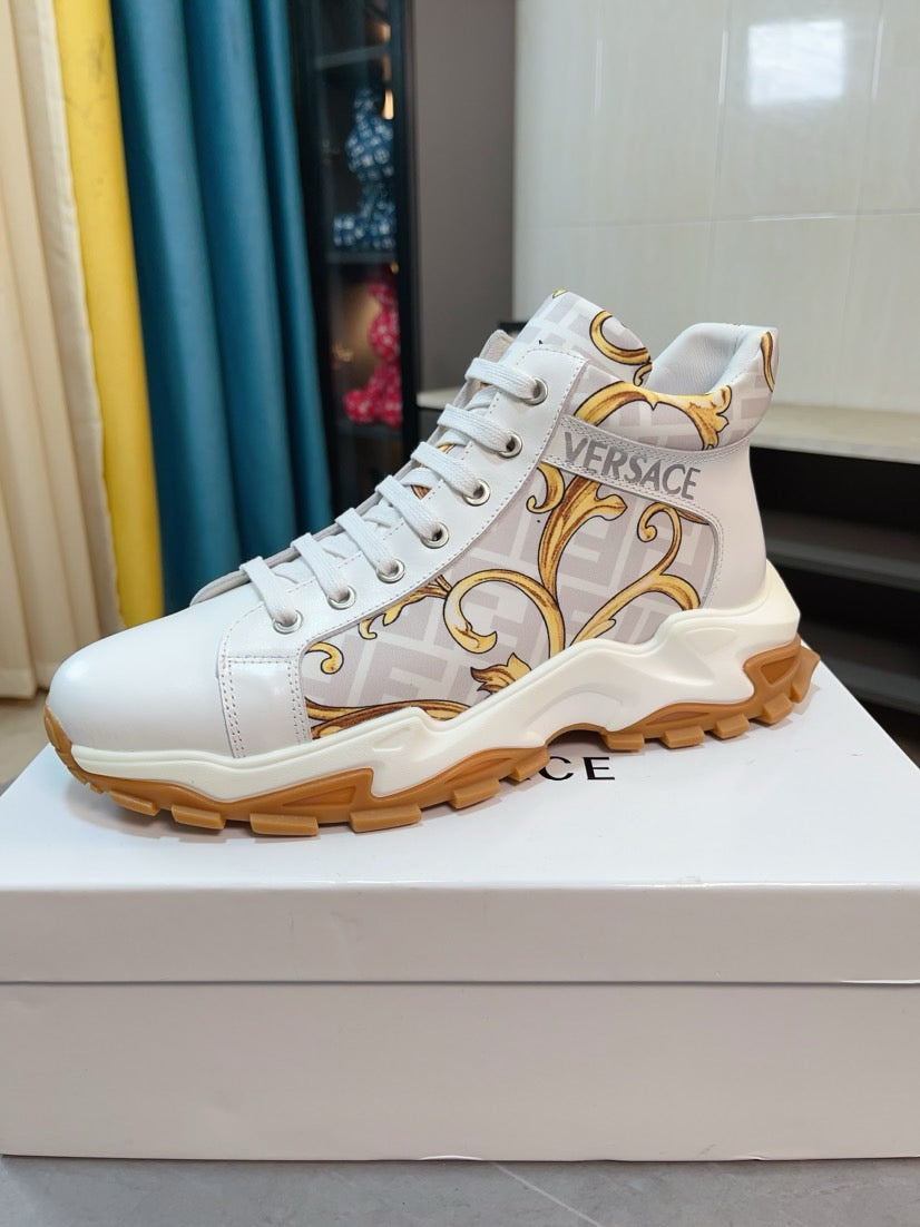Versace luxury high-top sneakers, white with gold medallion motif and tan sole