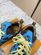 Unisex sneakers close-up: blue tongue, dark brown patterned panels, neon yellow laces