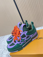 Louis Vuitton unisex sneakers, purple and green uppers with orange laces and mesh.