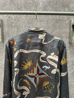 Long-sleeve button-up shirt back view with dark blue chain and animal graphic print.