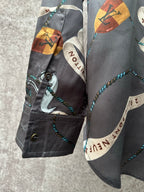 Louis Vuitton long pants in dark gray with colorful graphic print and rope trim, button closure