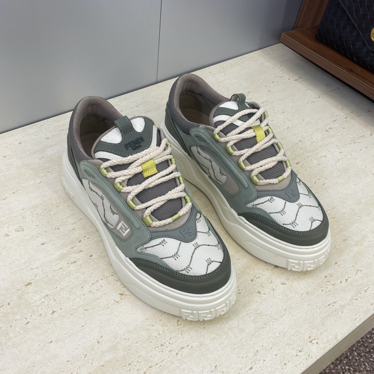 Fendi unisex sneakers, olive-gray and white uppers with white laces and green details